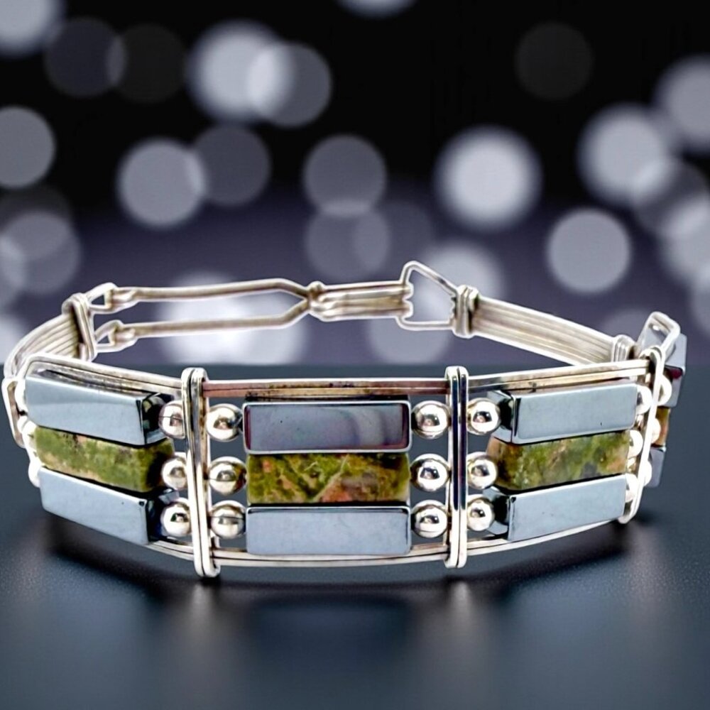 Vintage Sterling Silver Agate and Hematite Bracelet – 7" Artisan Design